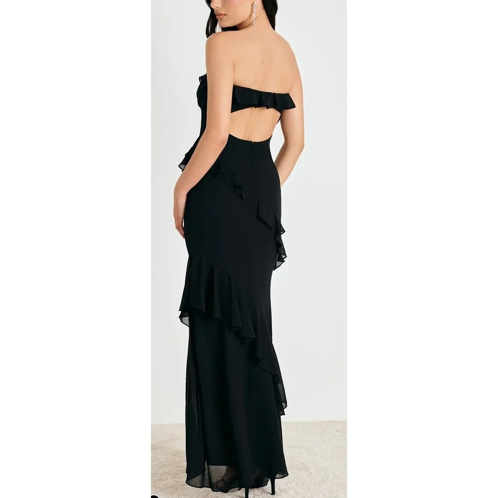 NWT Lulus Dramatic Allure Black Ruffled Cutout Strapless Maxi Dress XXS